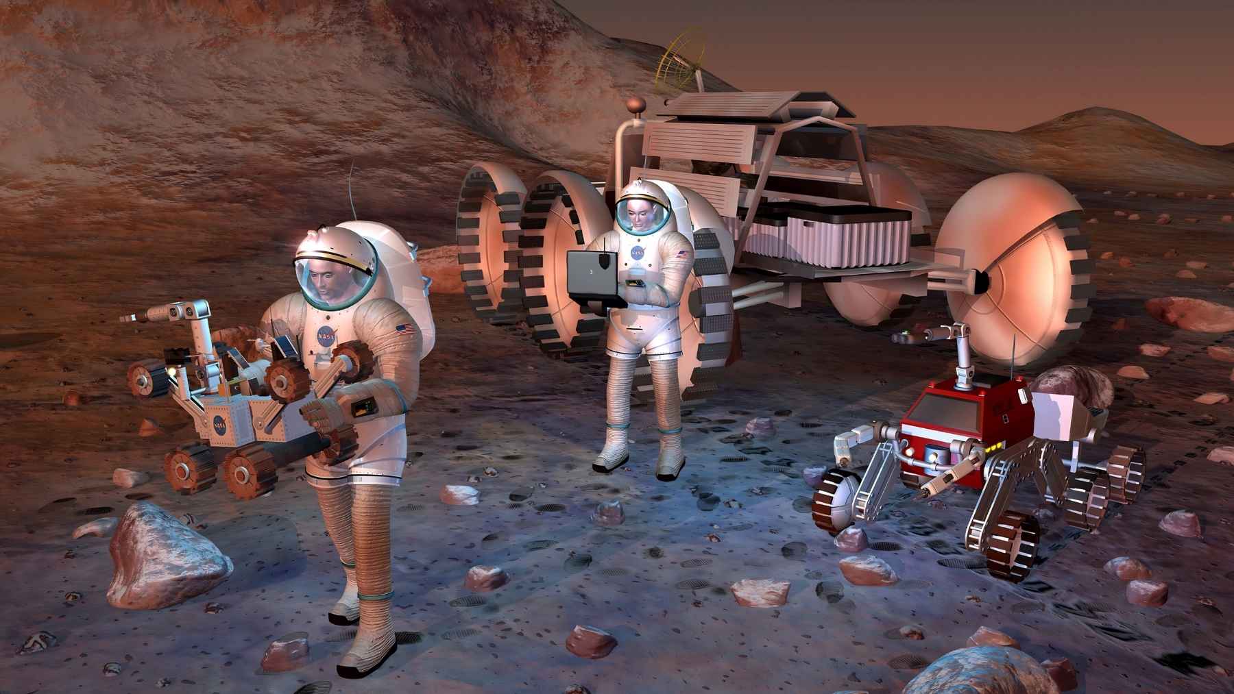NASA concept illustration of astronauts and robotic vehicles exploring the surface of Mars.