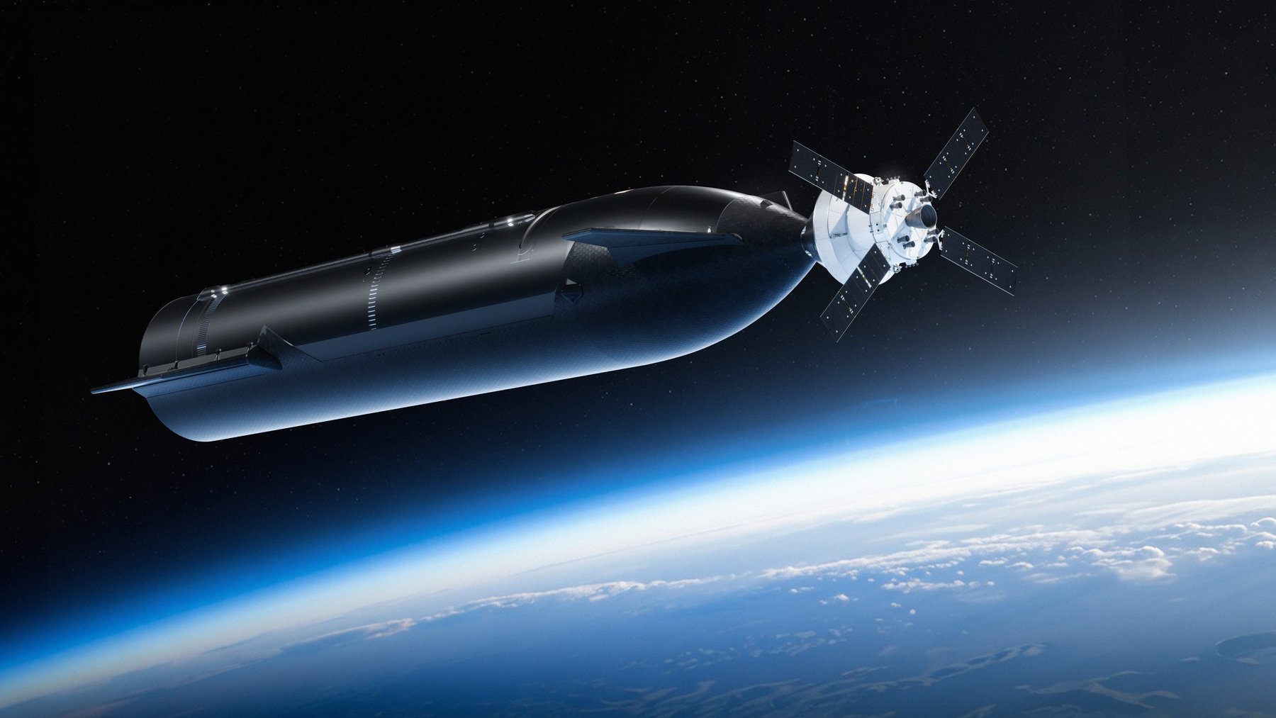 Artist's concept of NASA's Orion spacecraft docked to the nose of a Starship human landing system test article above Earth