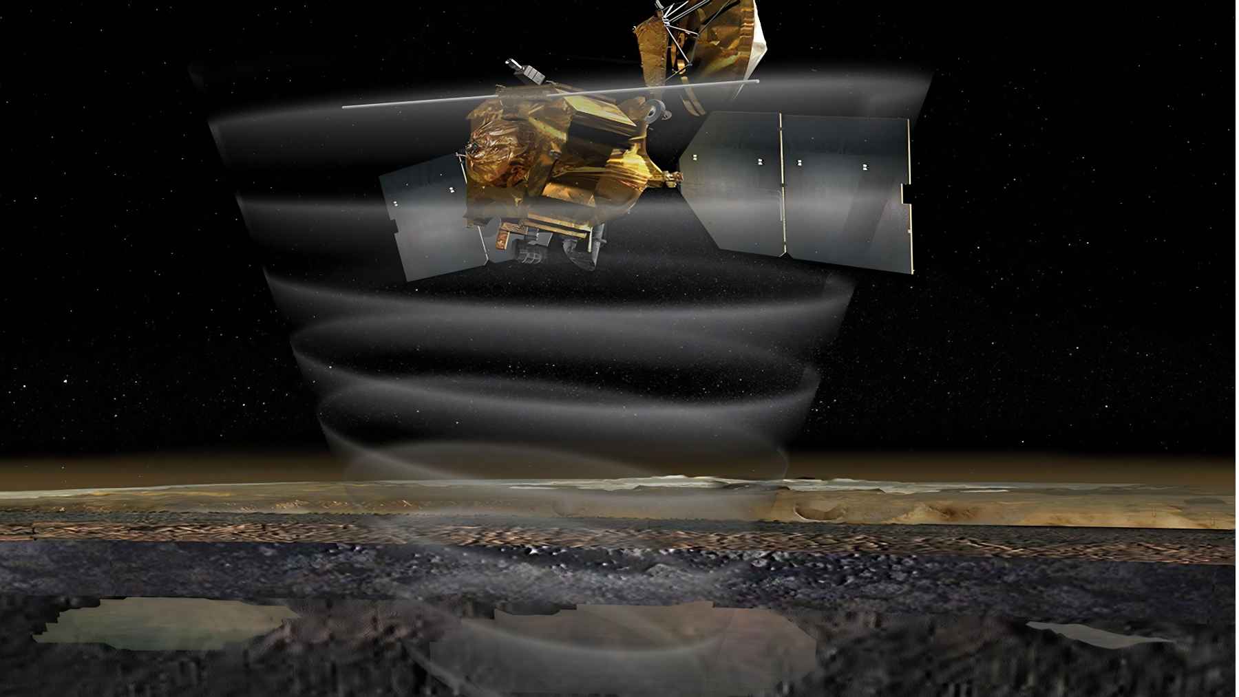 NASA illustration of the Mars Reconnaissance Orbiter using SHARAD radar to probe beneath the Martian surface.