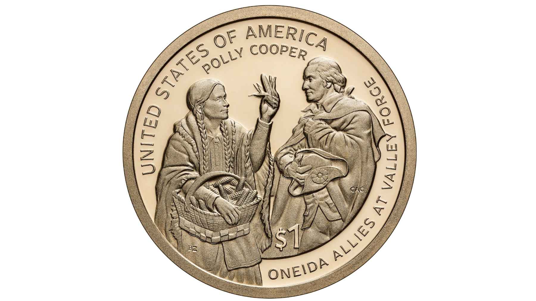 2026 Native American $1 Coin depicting Polly Cooper sharing the Oneida gift of corn with George Washington.