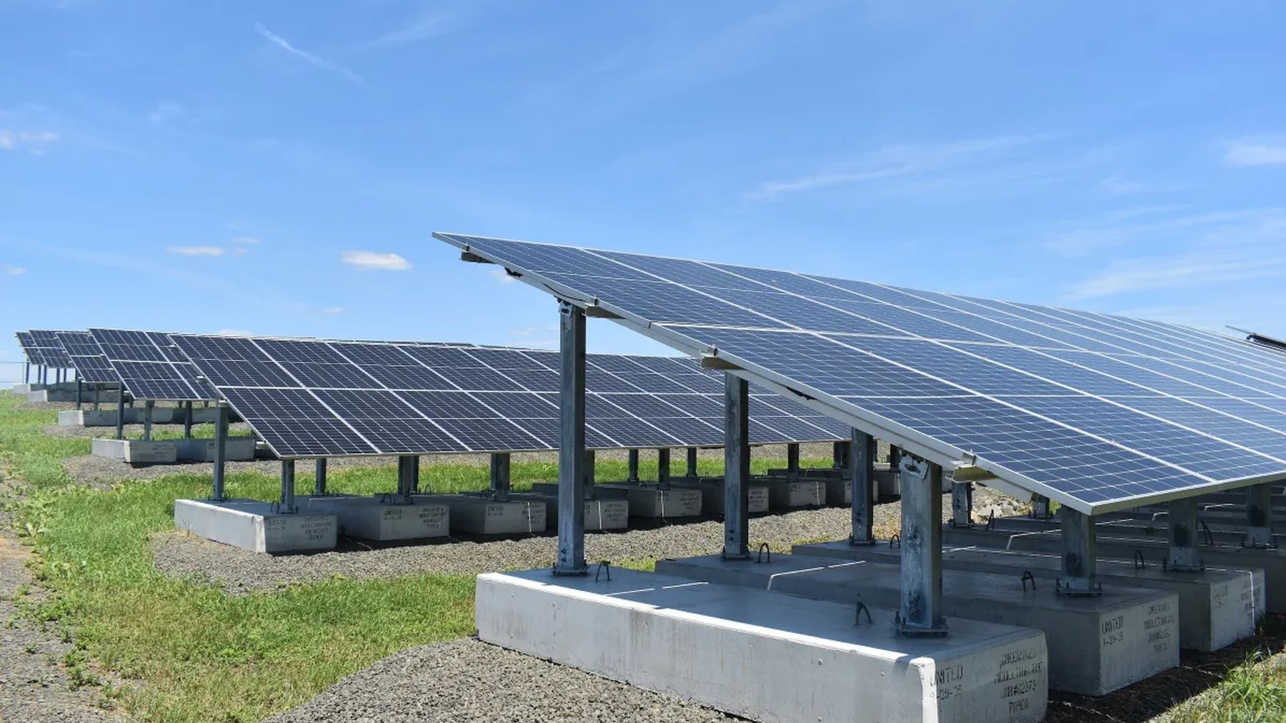 Solar panels on concrete supports at the New Haven landfill