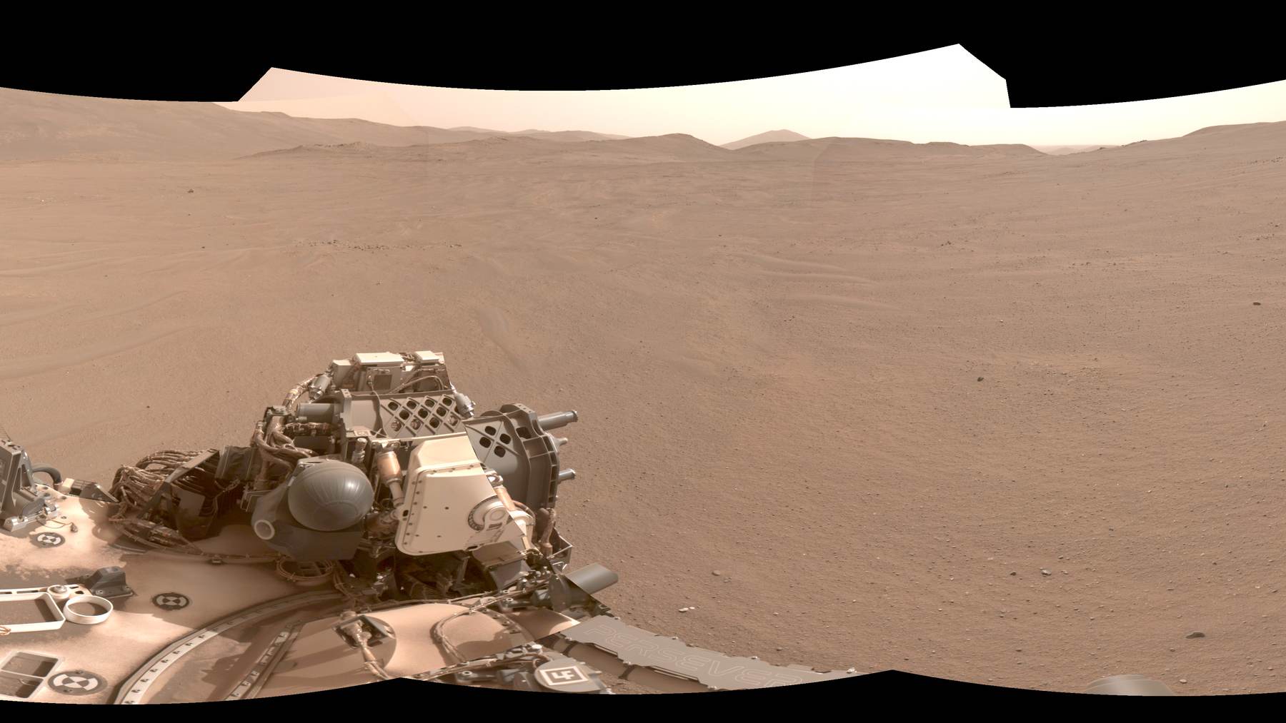 Perseverance rover's navigation camera panorama on Mars, used to test the Mars Global Localization algorithm.