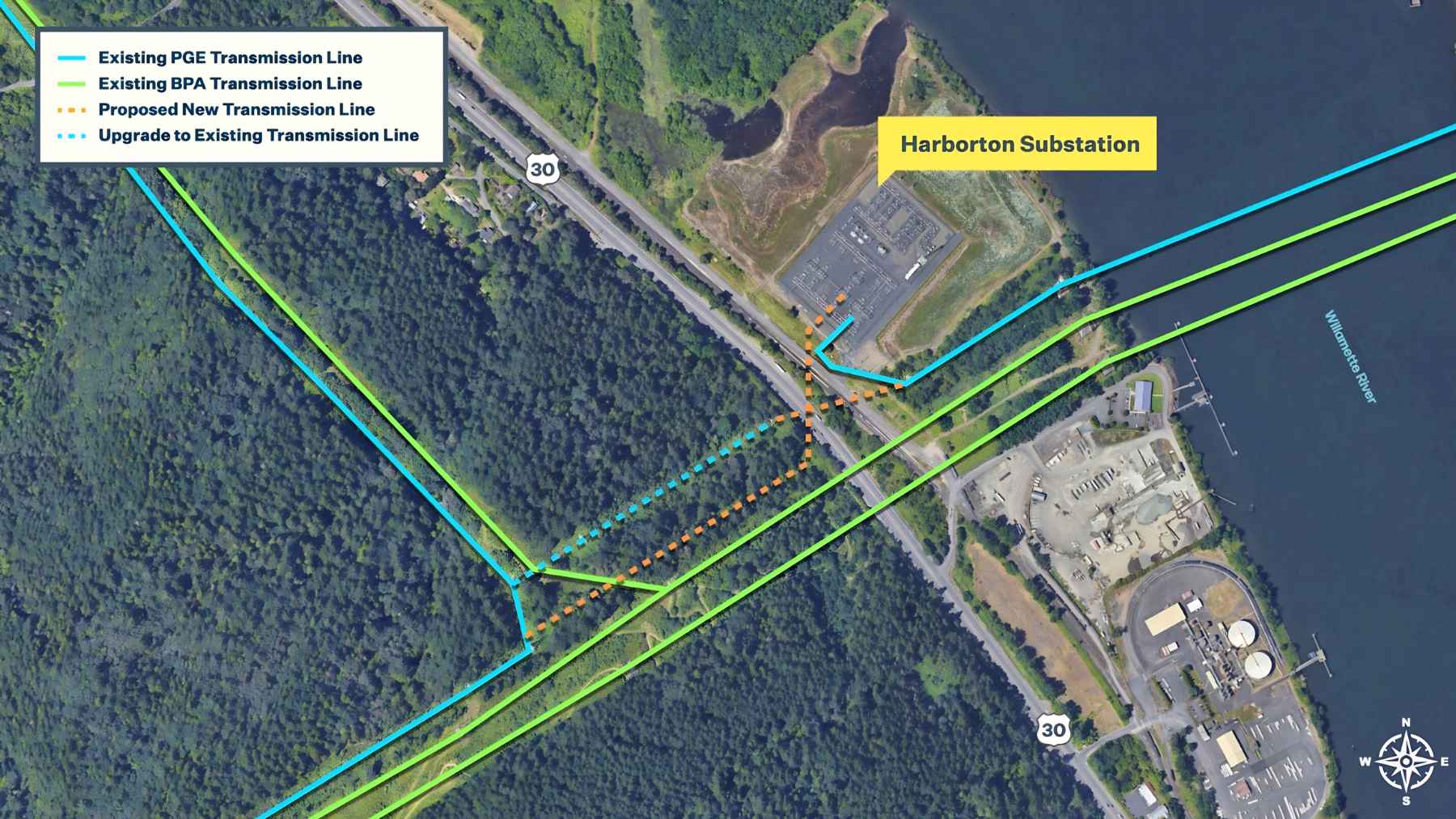 Map showing existing and proposed transmission lines for PGE's Harborton Reliability Project near Forest Park in Portland.