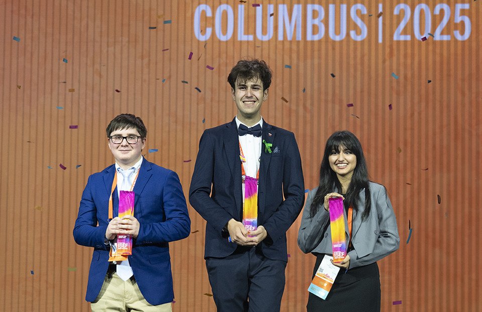 The three top award winners on stage at Regeneron ISEF 2025