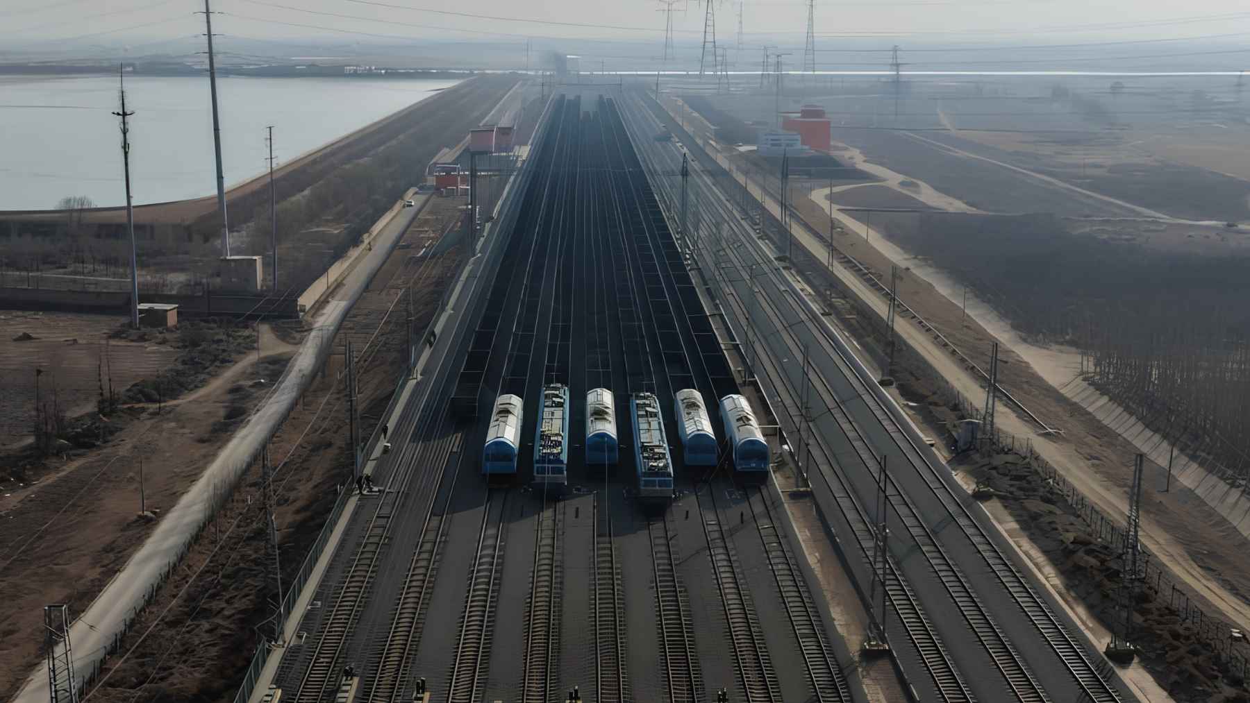 Seven heavy-haul freight train units lined up during a virtual coupling test in China.