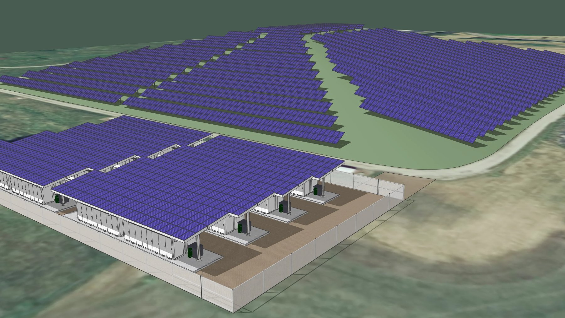 Solar panel canopies and battery units installed on a former landfill
