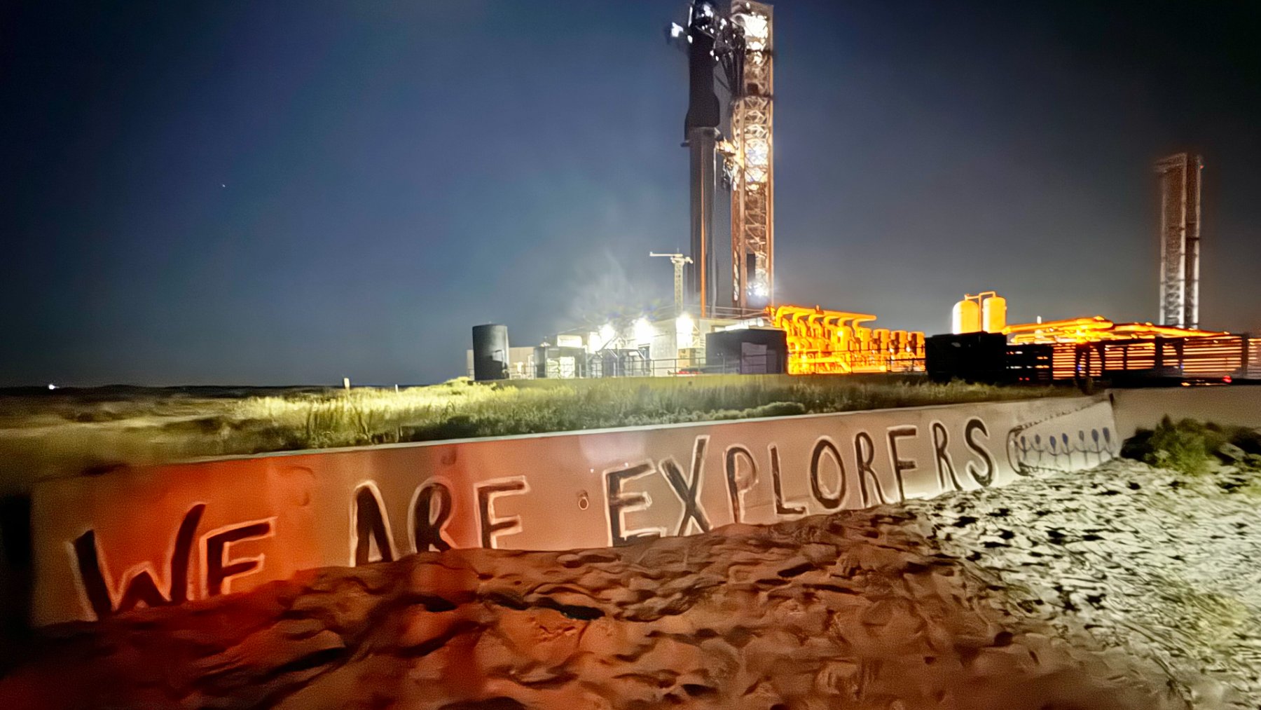 SpaceX Starship rocket standing on its launch mount before a test flight