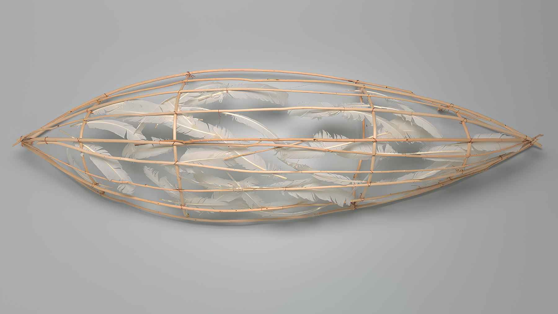 Truman Lowe's Feather Canoe sculpture made from peeled willow saplings, feathers and copper wire.
