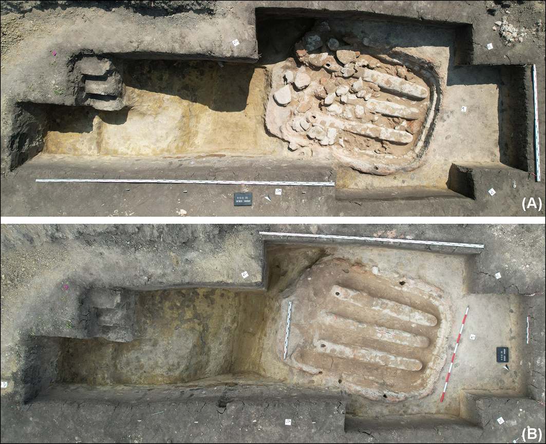 Lower chamber of the Ursoaia kiln with its grate slabs in place and after the slabs were removed
