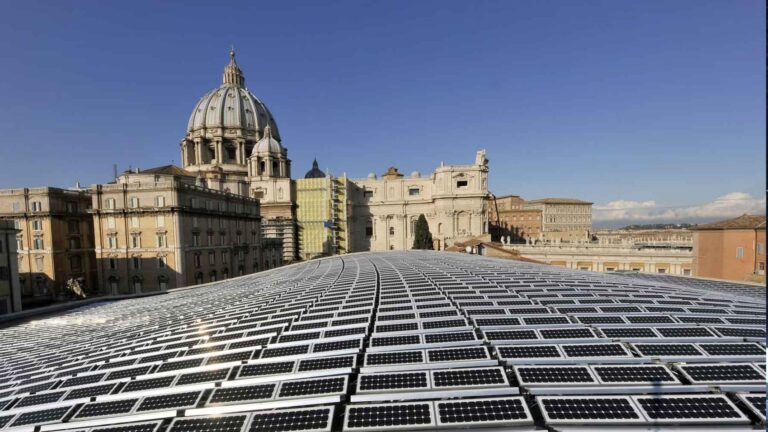 Vatican solar panels with St. Peter’s Basilica behind them as the Holy See expands renewable energy
