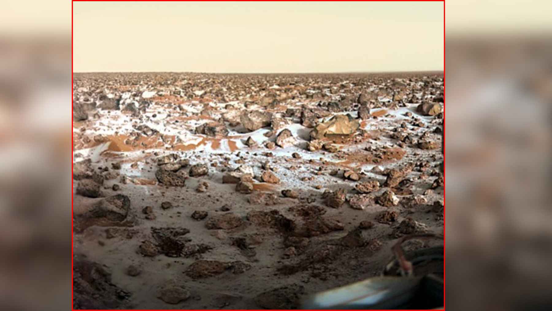 Thin layer of frost covering rocks and soil at the Viking 2 landing site in Utopia Planitia on Mars.