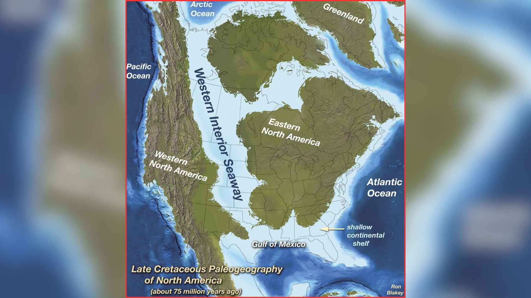 Map showing the Western Interior Seaway dividing North America during the Late Cretaceous about 75 million years ago.