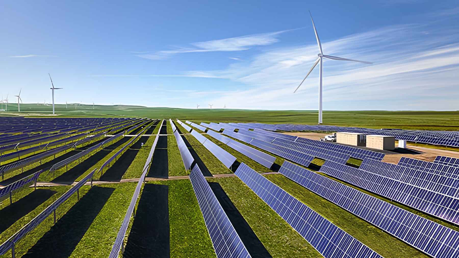 Solar panels and wind turbines at the Wheatridge Renewable Energy Facility in eastern Oregon.
