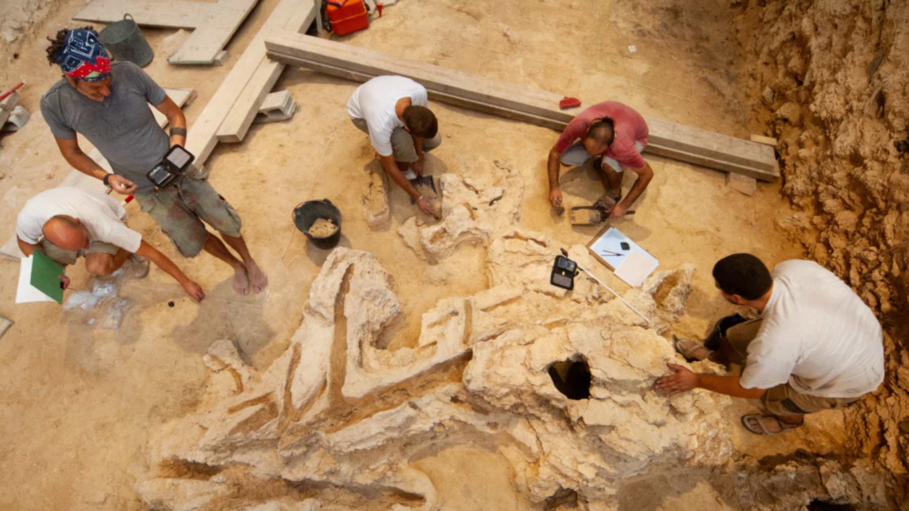 Archaeologists record wood imprints left in travertine at Abric Romaní, the site of Neanderthal wooden tools