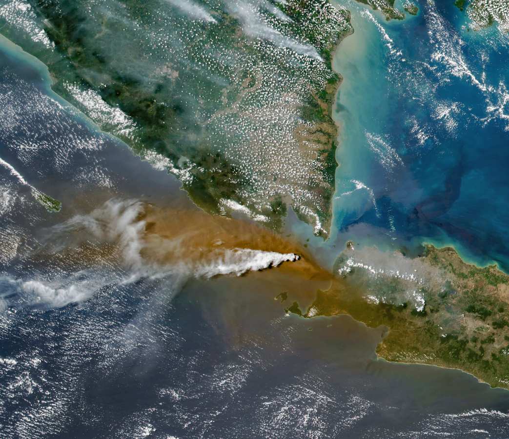 Satellite view of plumes from Anak Krakatau over Indonesia