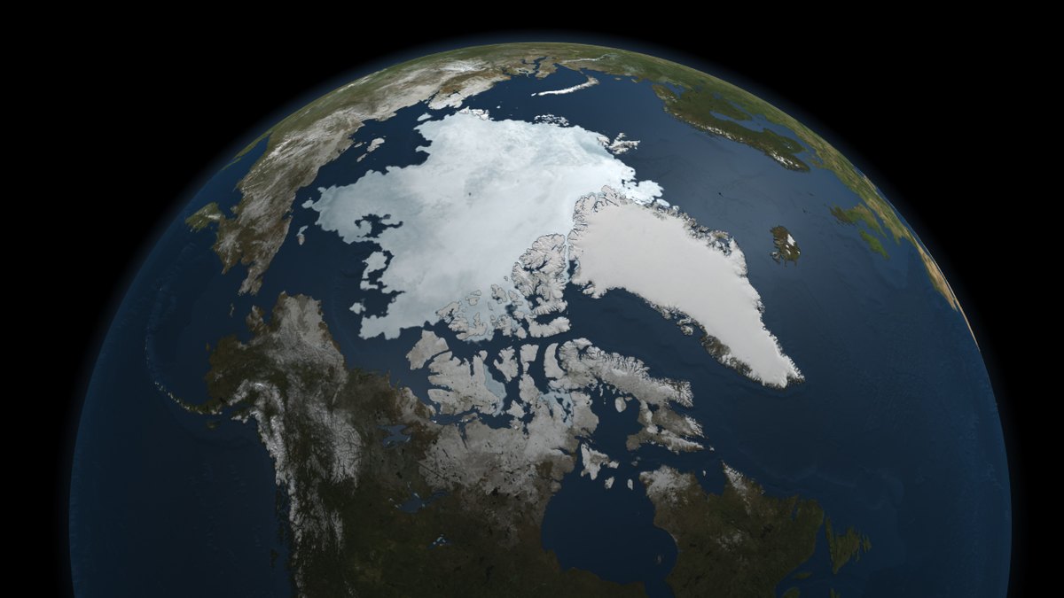 NASA visualization of the Arctic from space showing the Greenland ice sheet and sea ice