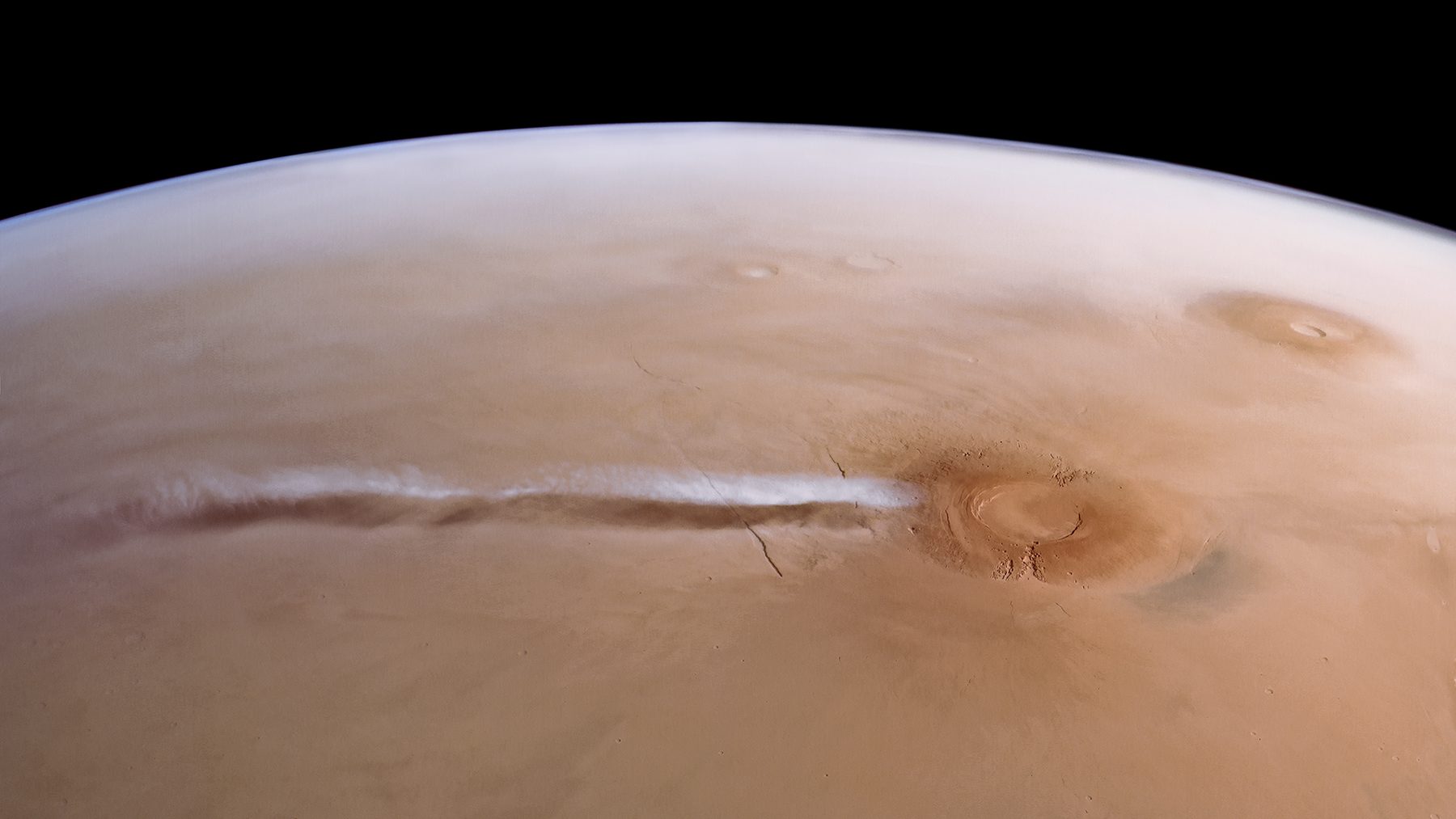 Arsia Mons cloud stretching west from the volcano across Mars, seen by ESA's Mars Express