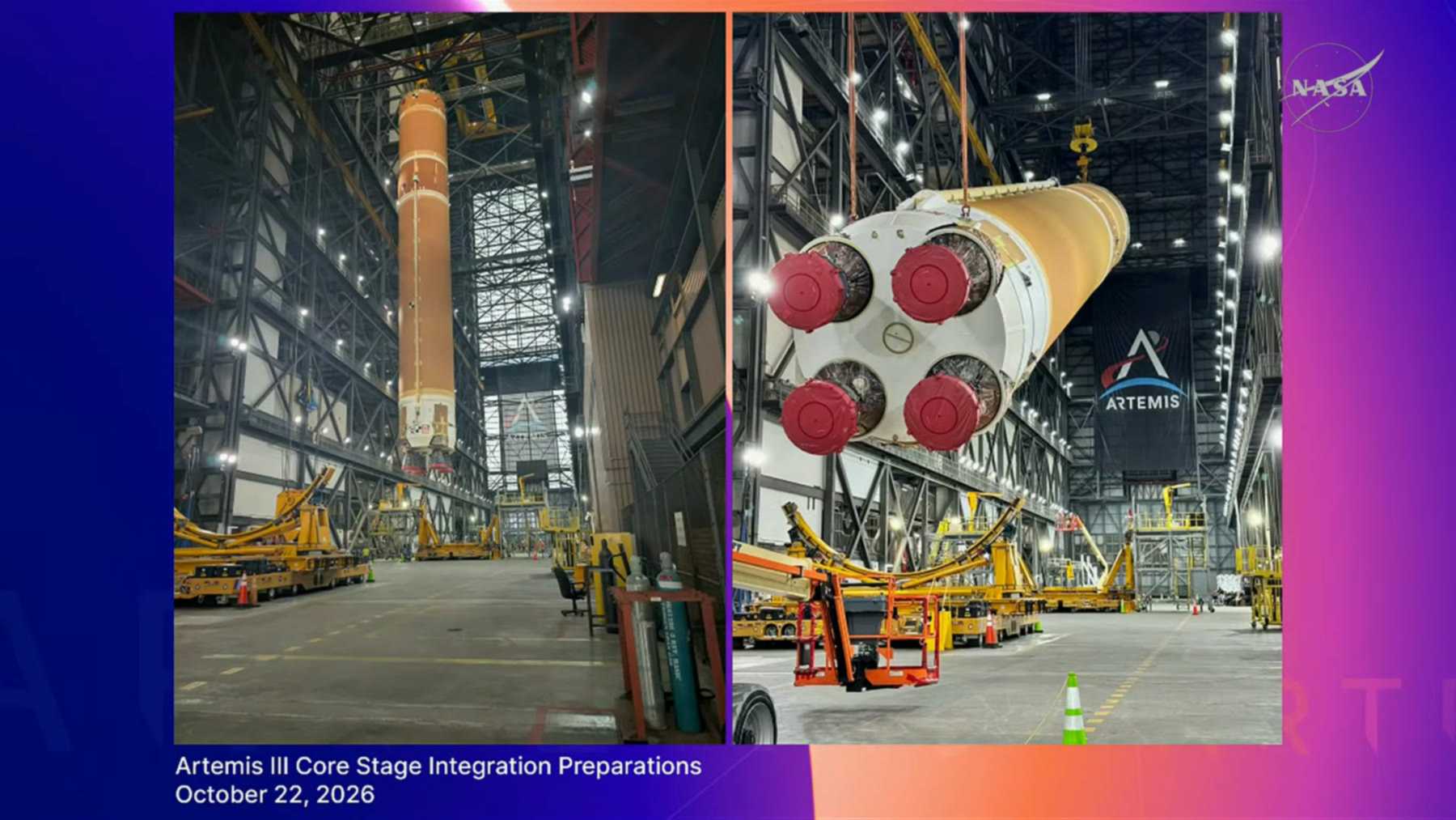 Artemis III SLS core stage lifted inside NASA's Vehicle Assembly Building, upright and with its four RS-25 engines