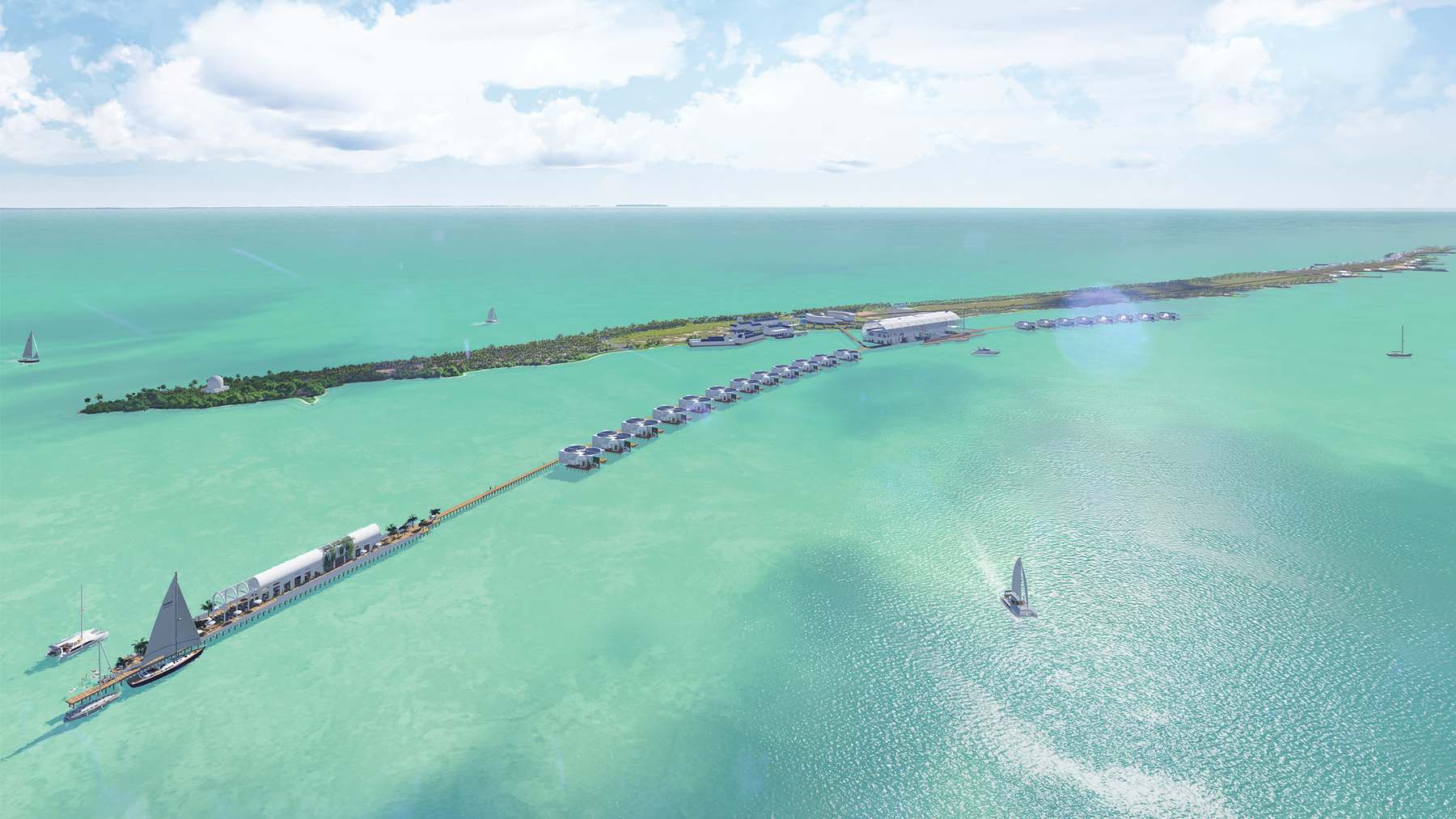 Aerial rendering of Blackadore Caye, Leonardo DiCaprio's restorative island project off Belize, with overwater villas on a pier