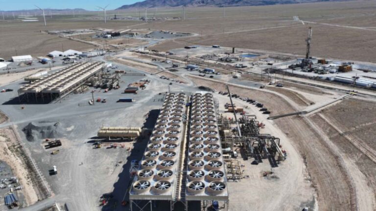Cooling fans on top of enhanced geothermal power plant units at Fervo Energy's Cape Station in Beaver County, Utah