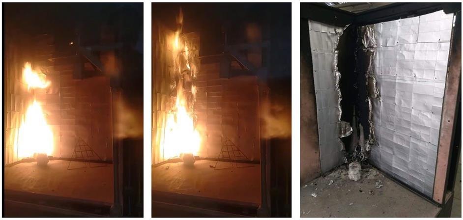Three photos of a corner lined with carton panels: flames at ignition, flames climbing the panels and the burned-through corner afterward