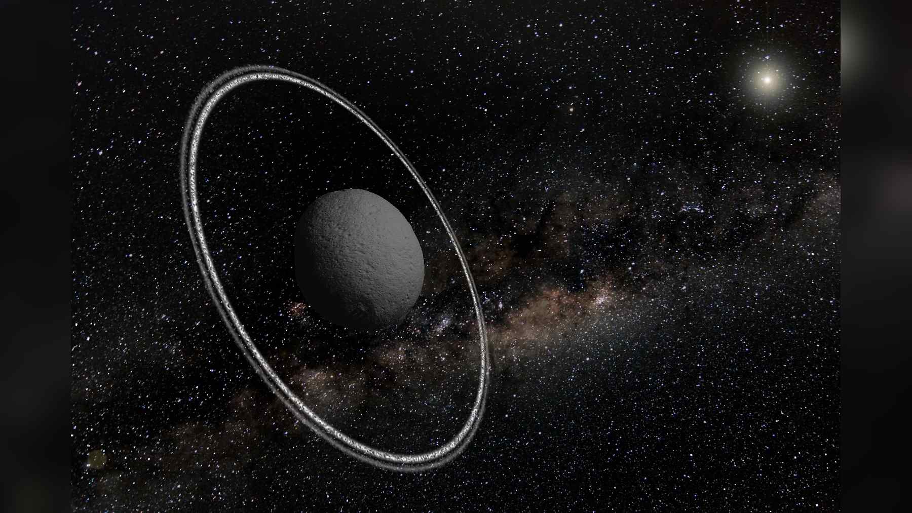 Artist's impression of Chariklo and its two narrow rings, studied with the James Webb Space Telescope, with the distant Sun in the upper right