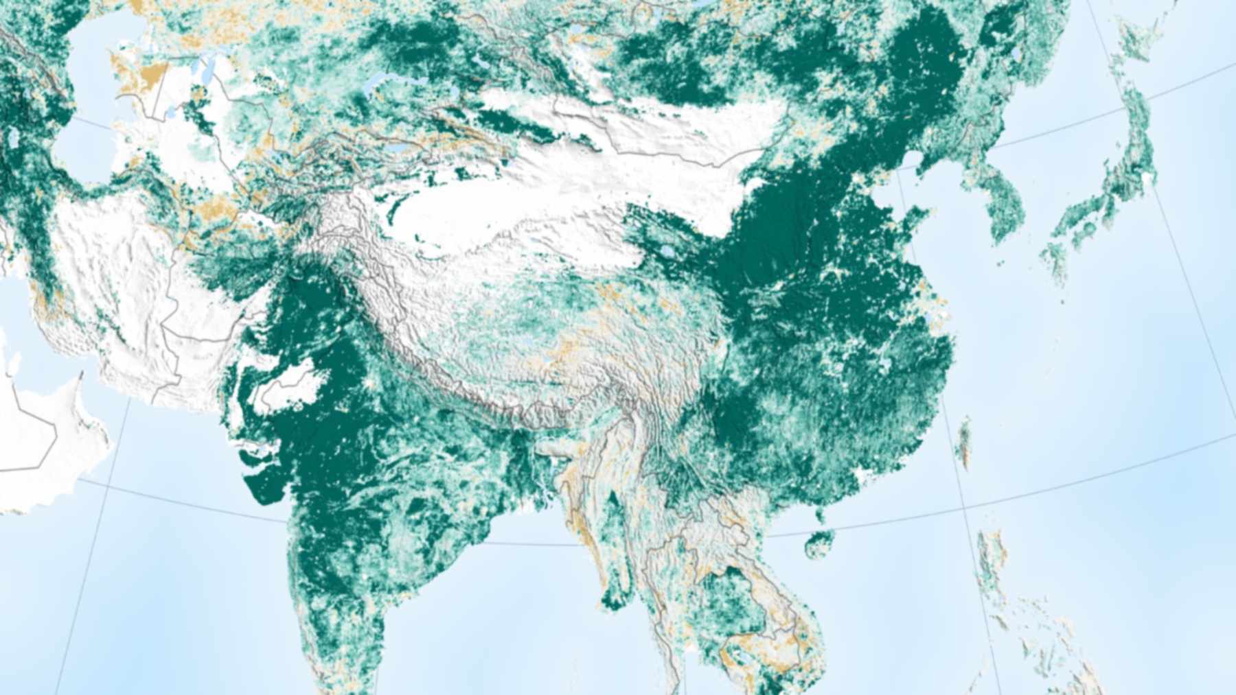 NASA map of greening in China and India, showing the increase in leaf area between 2000 and 2017