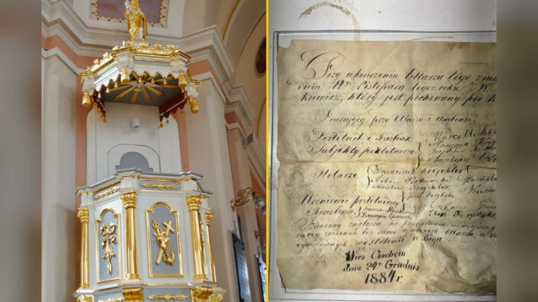 The restored church pulpit in Ciachcin, Poland, and the 1884 parchment found inside it