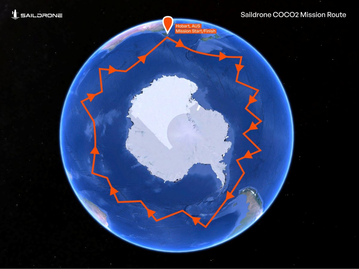 Globe view centered on Antarctica with an orange line tracing the planned sailing route around the continent