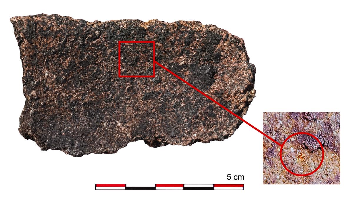 Fragment of a Gallic crucible from the Corent mint, with an enlarged detail of a tiny metal speck circled in red