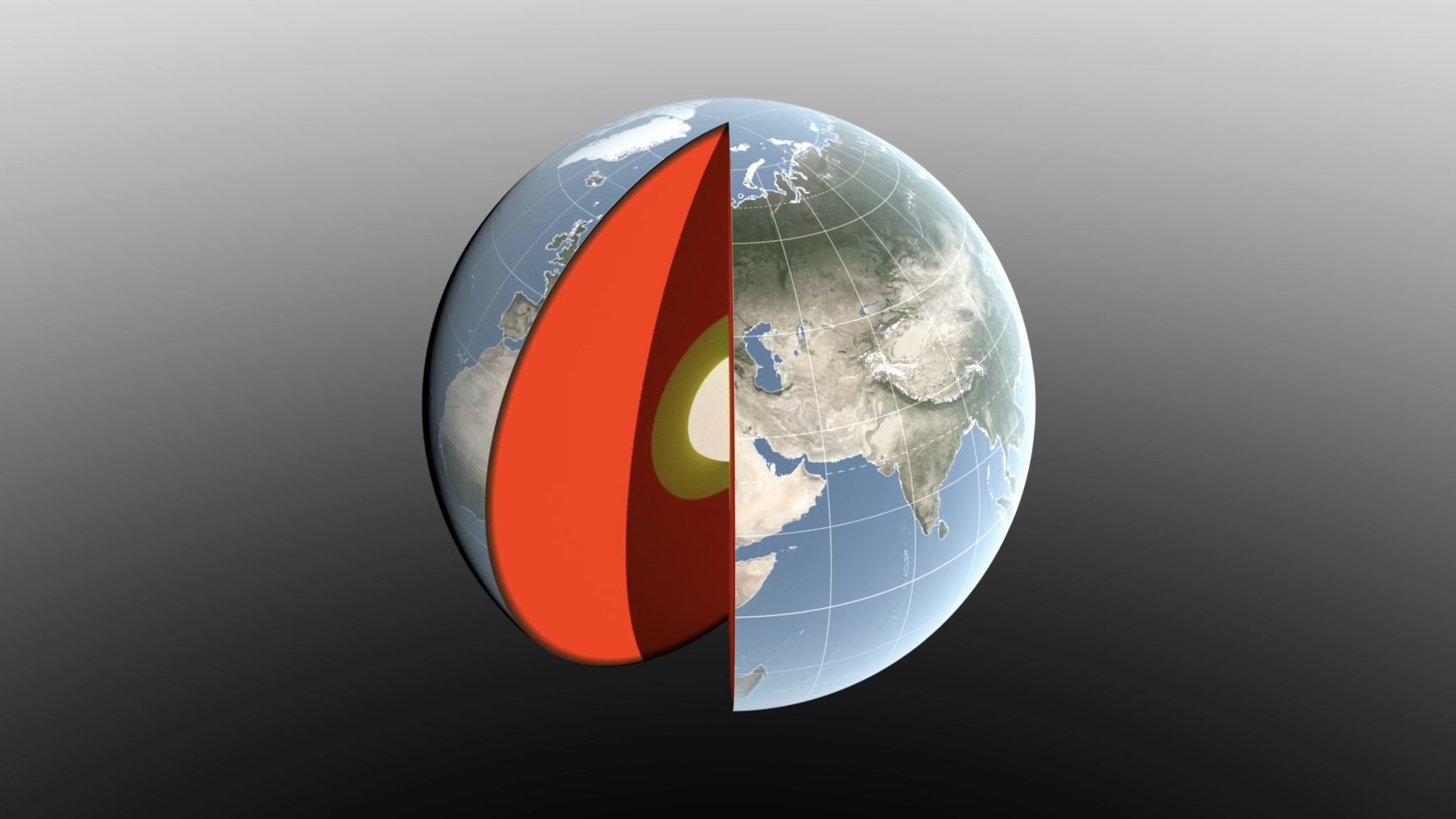 NASA illustration of Earth with a slice cut away to show its internal layers, illustrating how shifting water moves the planet's center of mass