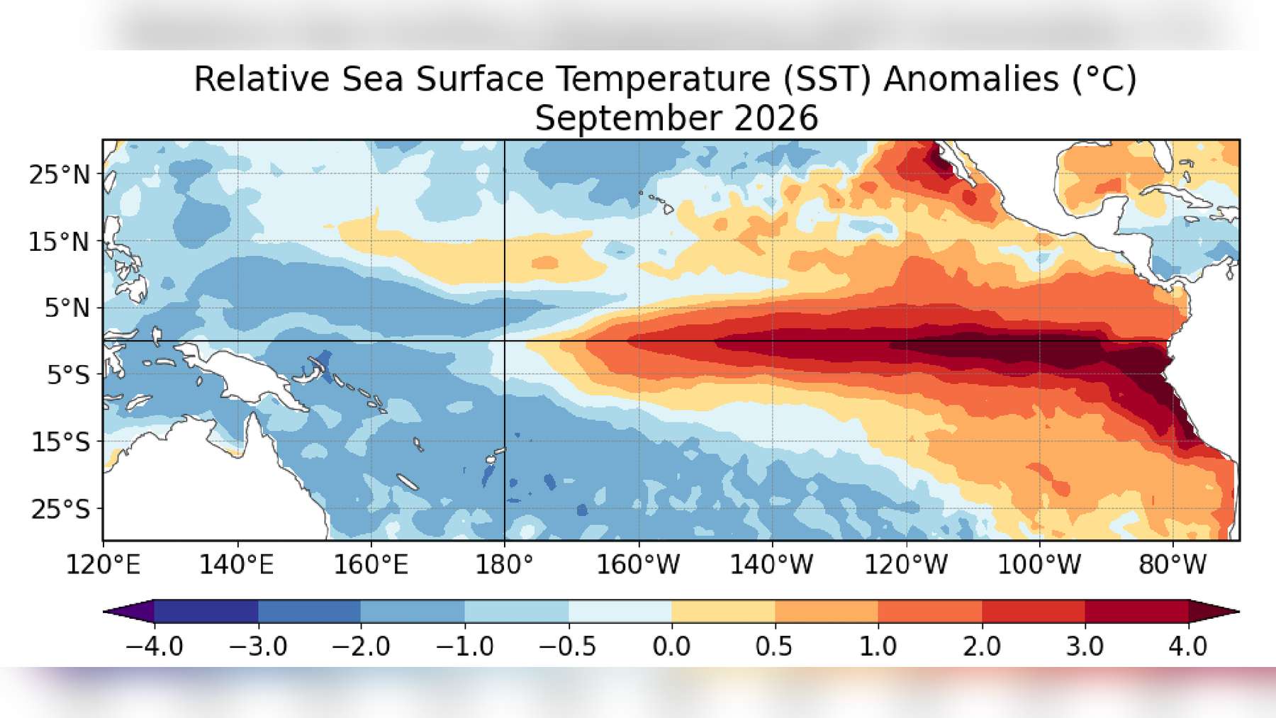 NOAA map of sea surface temperature anomalies in September 2026 showing a band of El Niño warmth across the eastern equatorial Pacific
