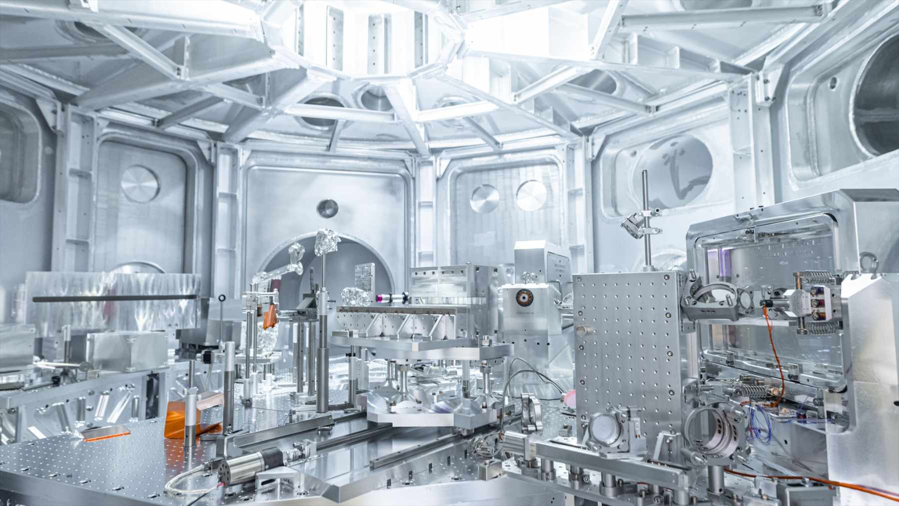 Large vacuum chamber and laser equipment at an experimental station of a high-power laser facility