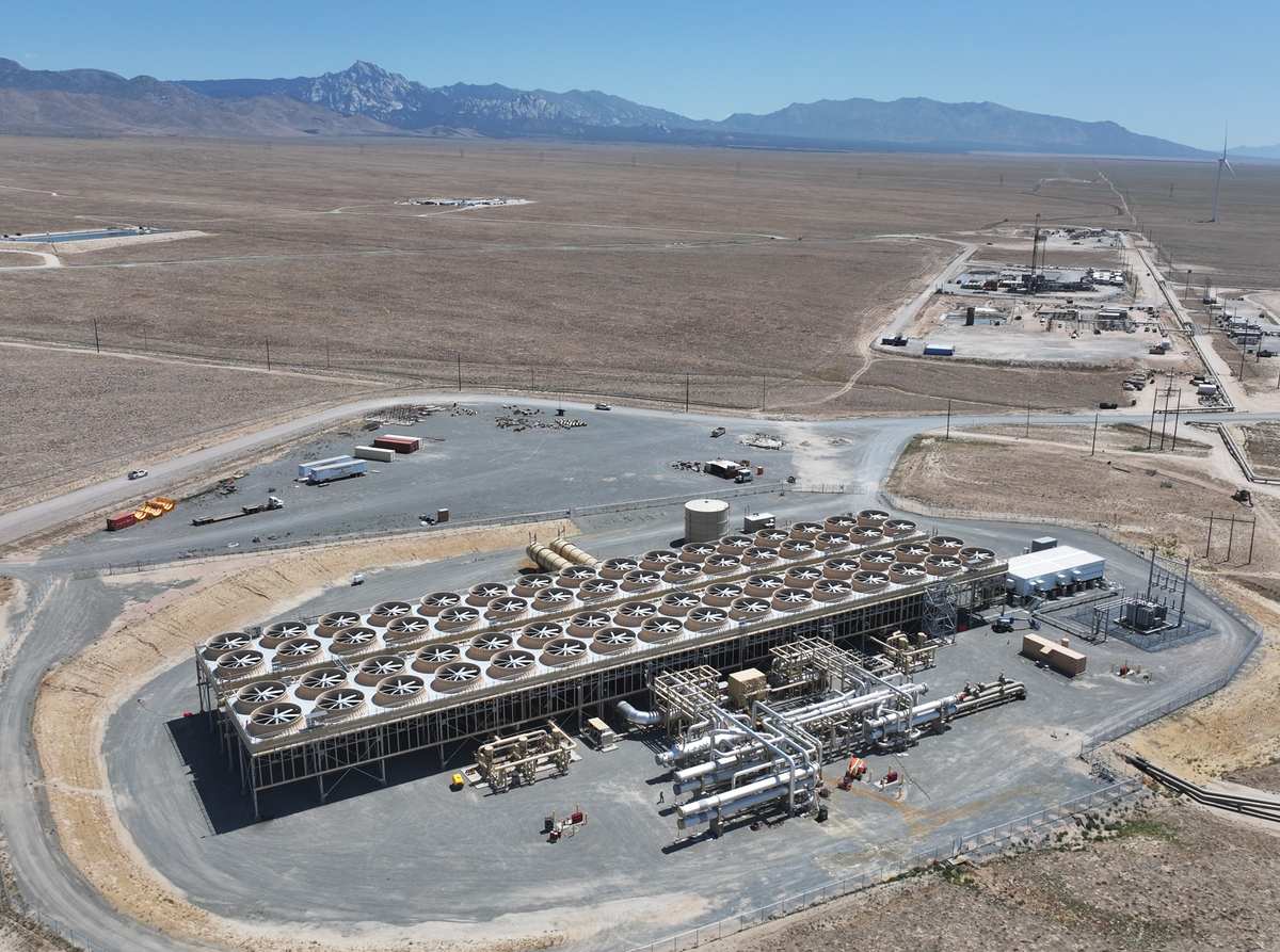Aerial view of a Cape Station Phase I geothermal power plant in Beaver County, Utah