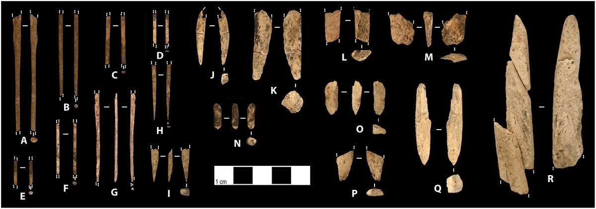 Bone needle fragments, an awl tip, a pendant and worked bone and antler pieces from the 13,800-year-old layer at Shég' Xdaltth'í'