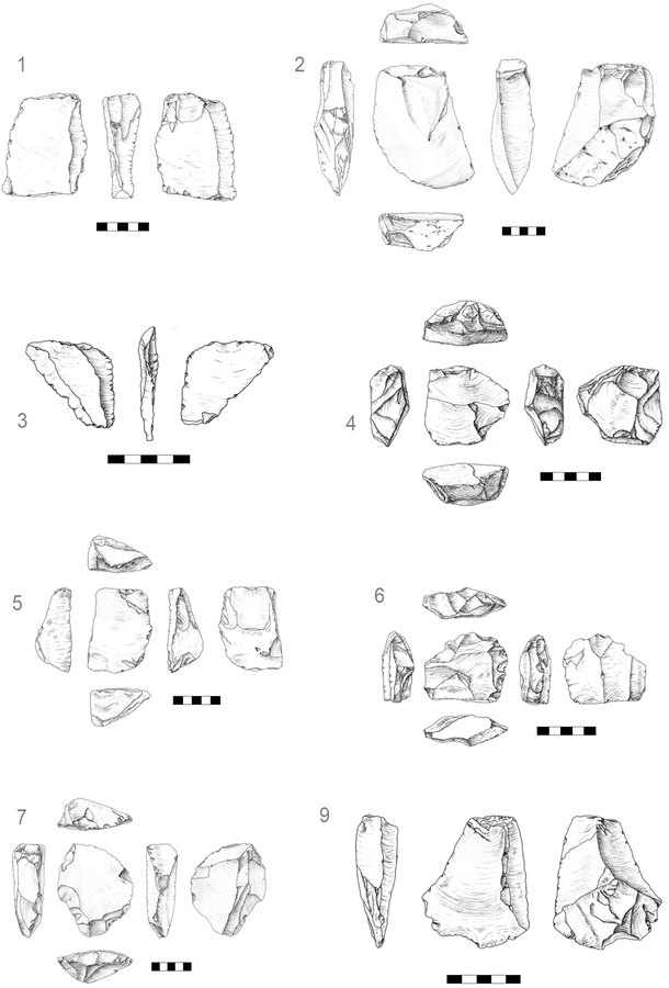 Pencil drawings of eight underwater stone tools recovered from the WH2 submerged spring at Murujuga, each shown from several sides with centimeter scale bars