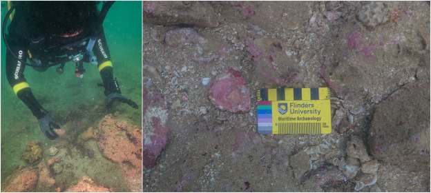 Murujuga ranger Malik Churnside diving over the seabed and a Flinders University scale card beside a rock on the sea floor