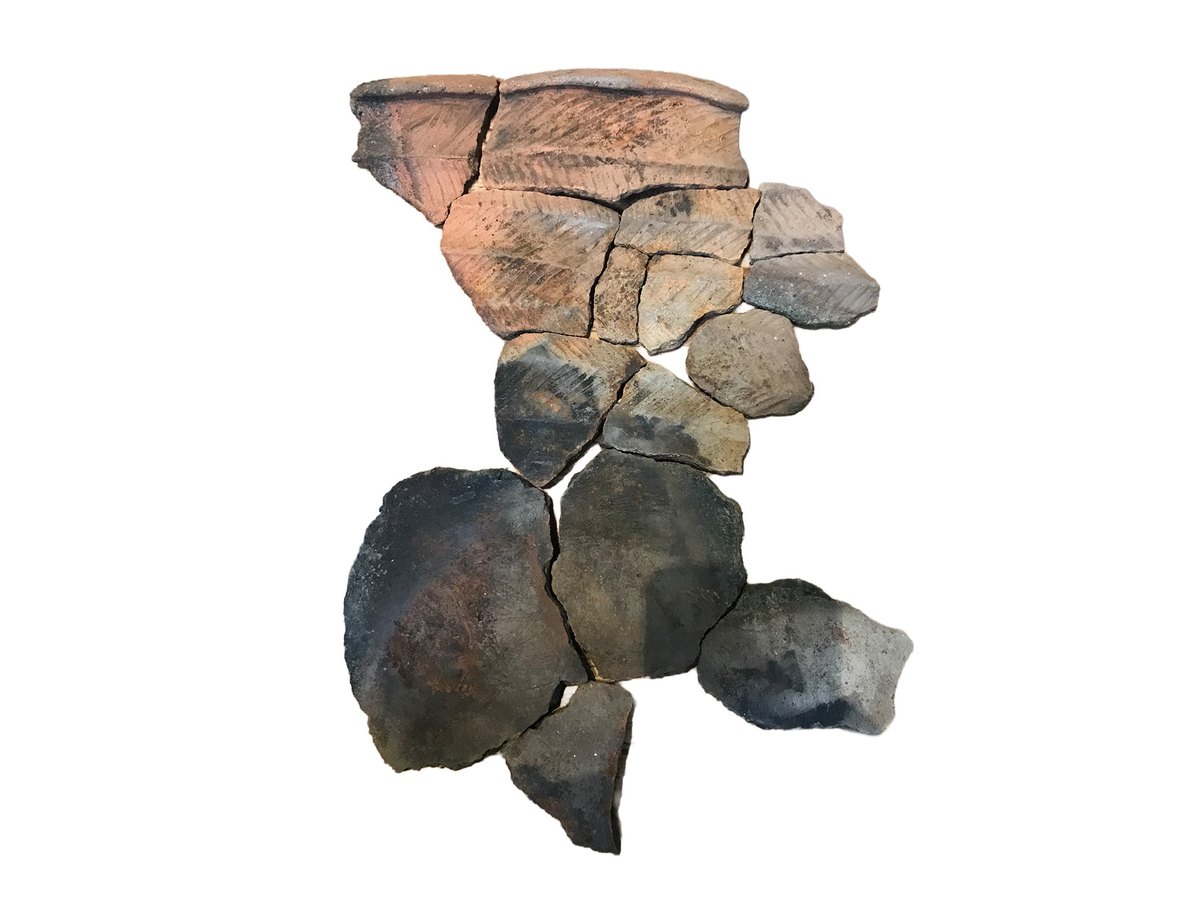 Fragments of a decorated Neolithic pot found near the Loch Bhorgastail crannog, laid out together