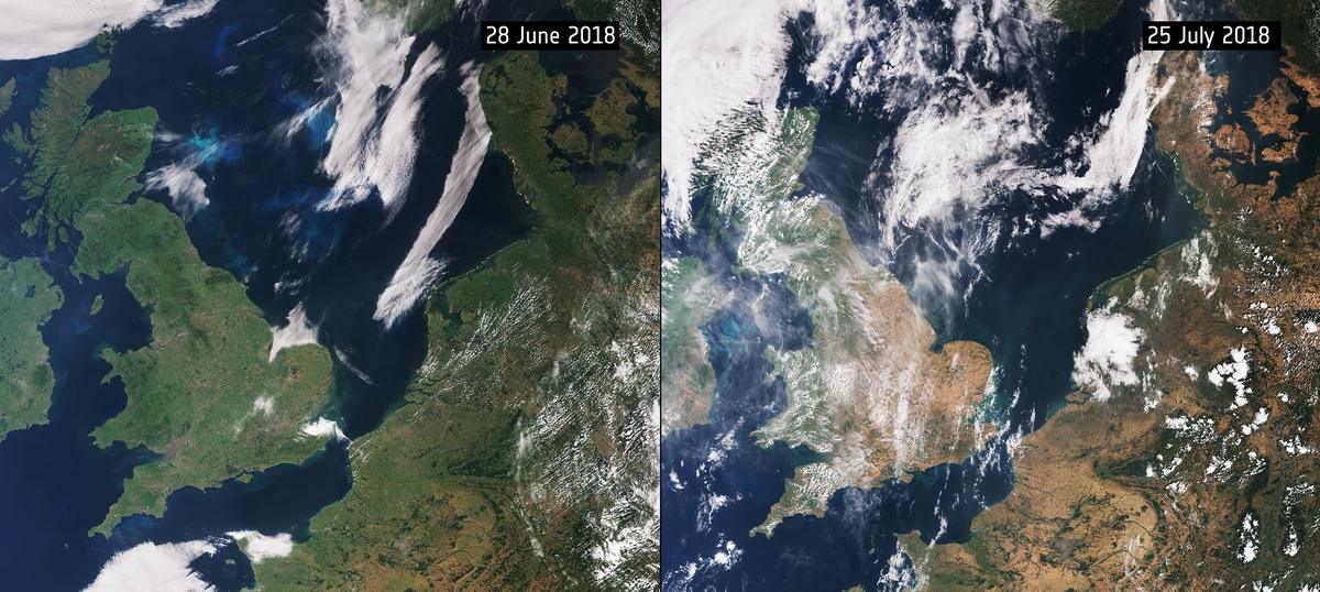 Sentinel-3 images of the UK, Ireland and northwestern Europe green on June 28, 2018 and brown on July 25, 2018