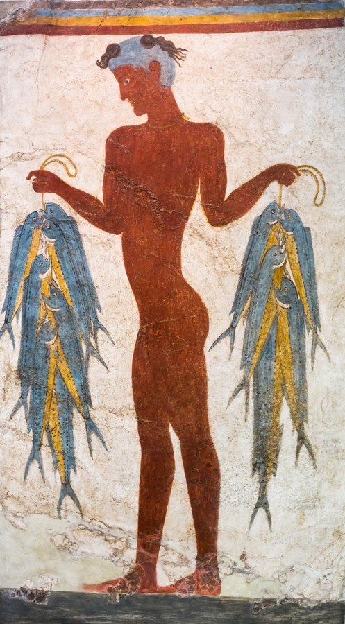 Bronze Age wall painting of a young fisherman holding two strings of fish, from the West House at Akrotiri