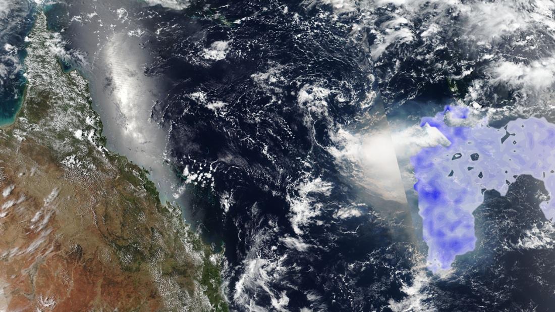 VIIRS satellite image of January 16, 2022, with the formaldehyde cloud from the Hunga Tonga eruption shown in blue east of Queensland