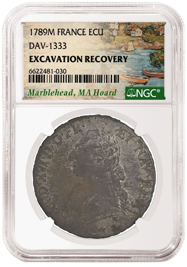 French silver ecu dated 1789 from the Marblehead Hoard in an NGC holder labeled Excavation Recovery