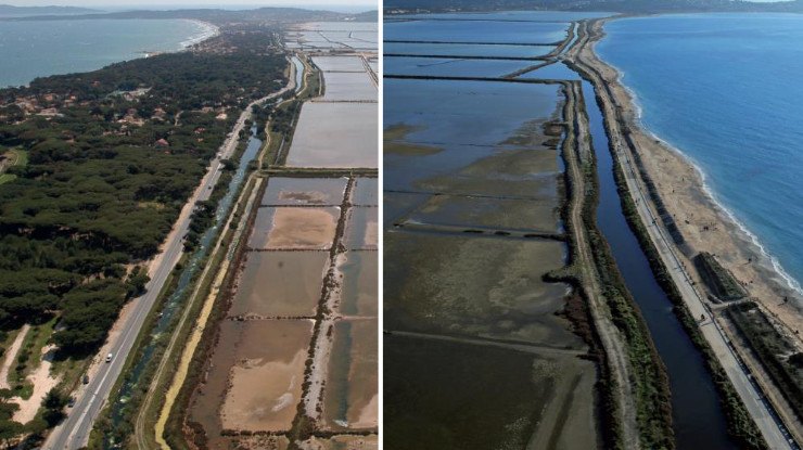 Side-by-side aerial photos of the eastern and western tombolos of the Giens peninsula