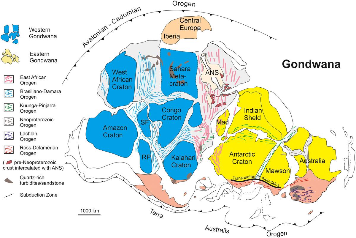 Map of the Gondwana supercontinent showing the Antarctic craton between India, Africa and Australia, with mountain belts