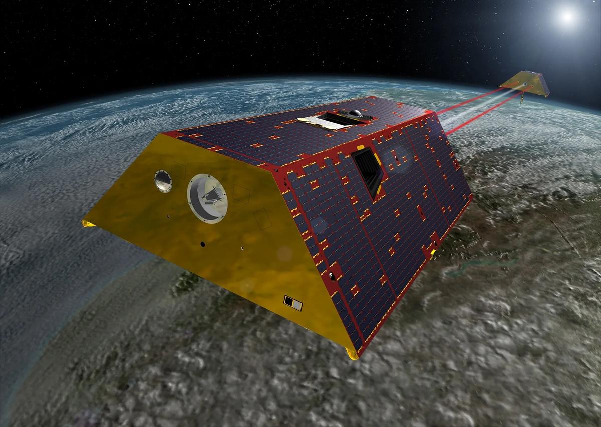 Artist's concept of the twin GRACE-FO satellites orbiting Earth and linked by a laser beam that measures the distance between them