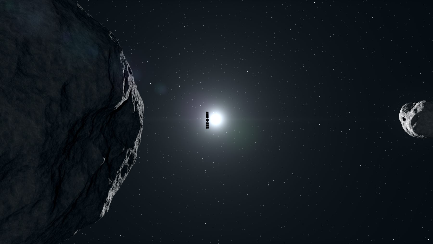 Artist's impression of the Hera spacecraft flying between the asteroid Didymos and its moon Dimorphos