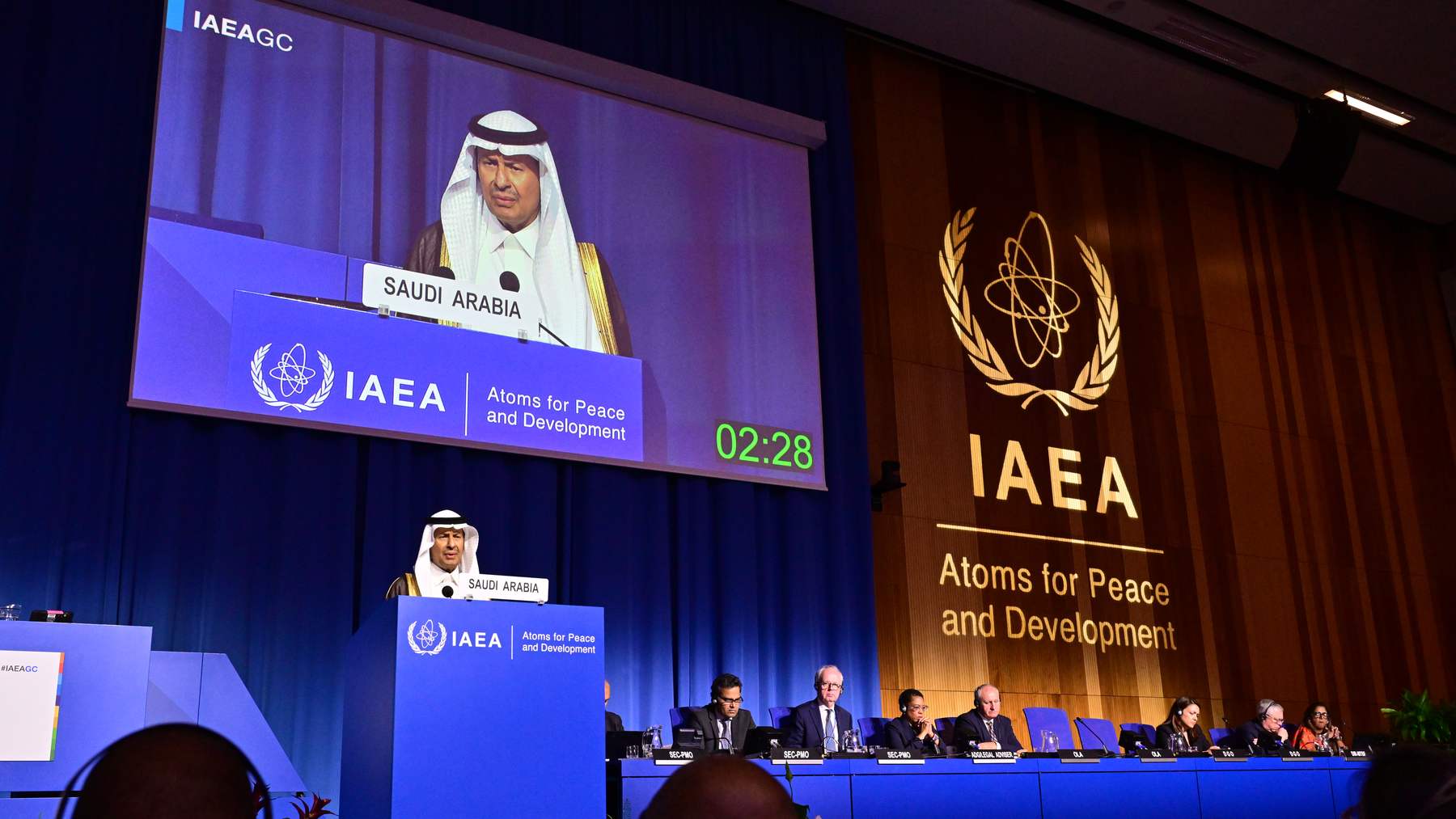 Saudi Energy Minister Prince Abdulaziz bin Salman speaks at the podium of the IAEA General Conference in Vienna