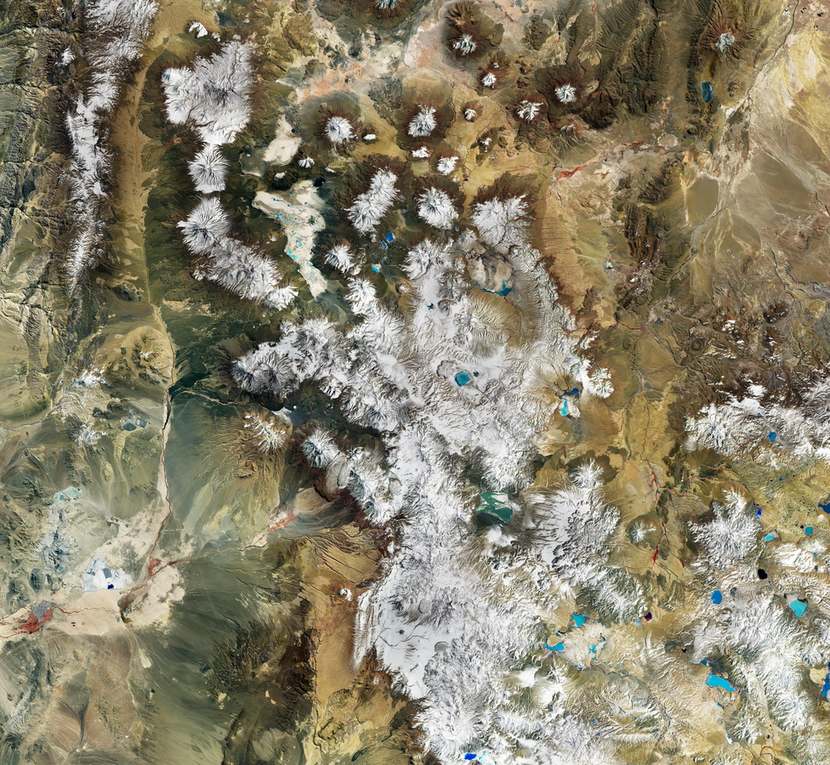 False-color Copernicus Sentinel-2 image of Laguna Colorada and the surrounding Bolivian Altiplano