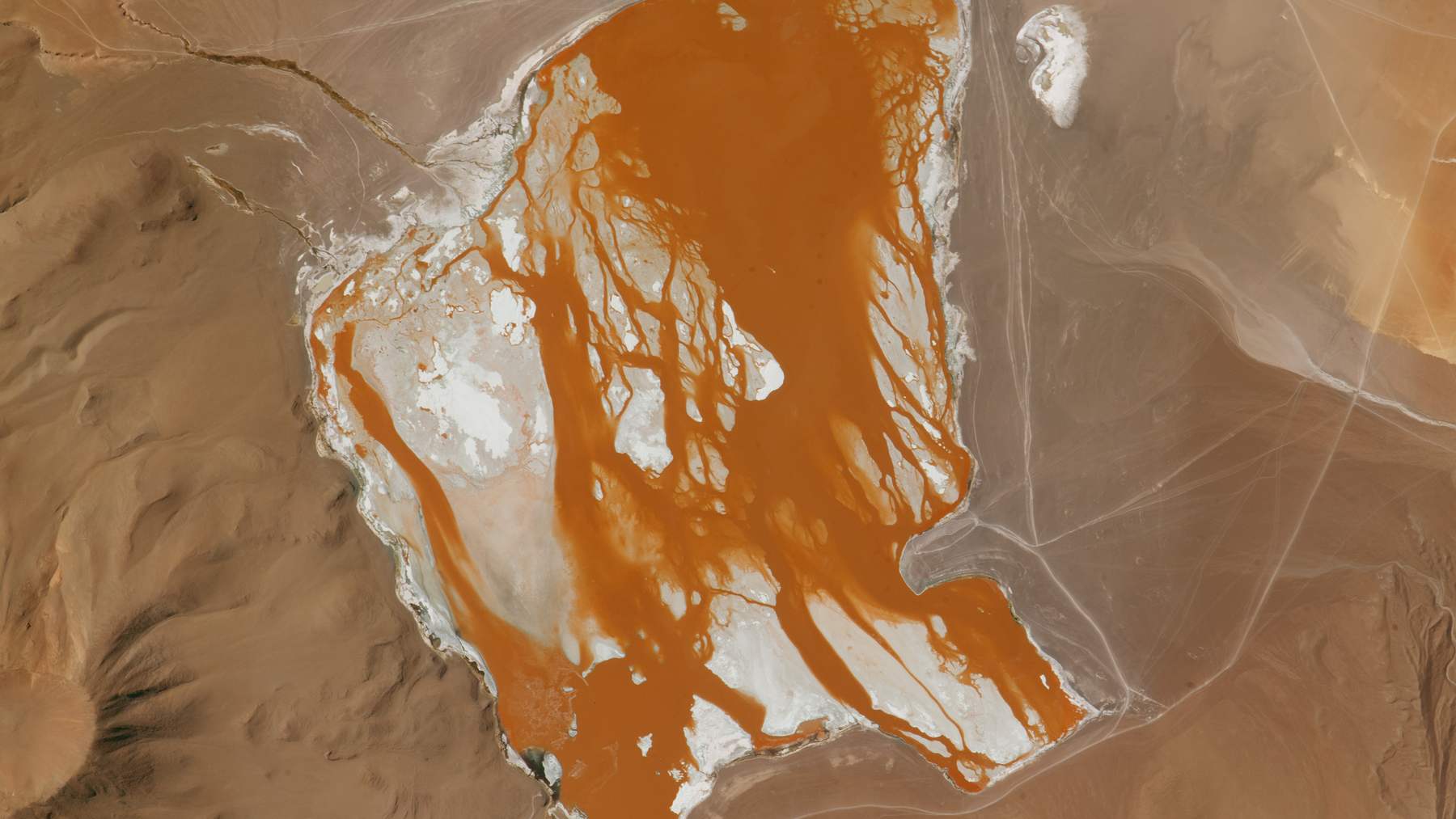Laguna Colorada in Bolivia seen from the International Space Station, with red-orange water and white mineral deposits