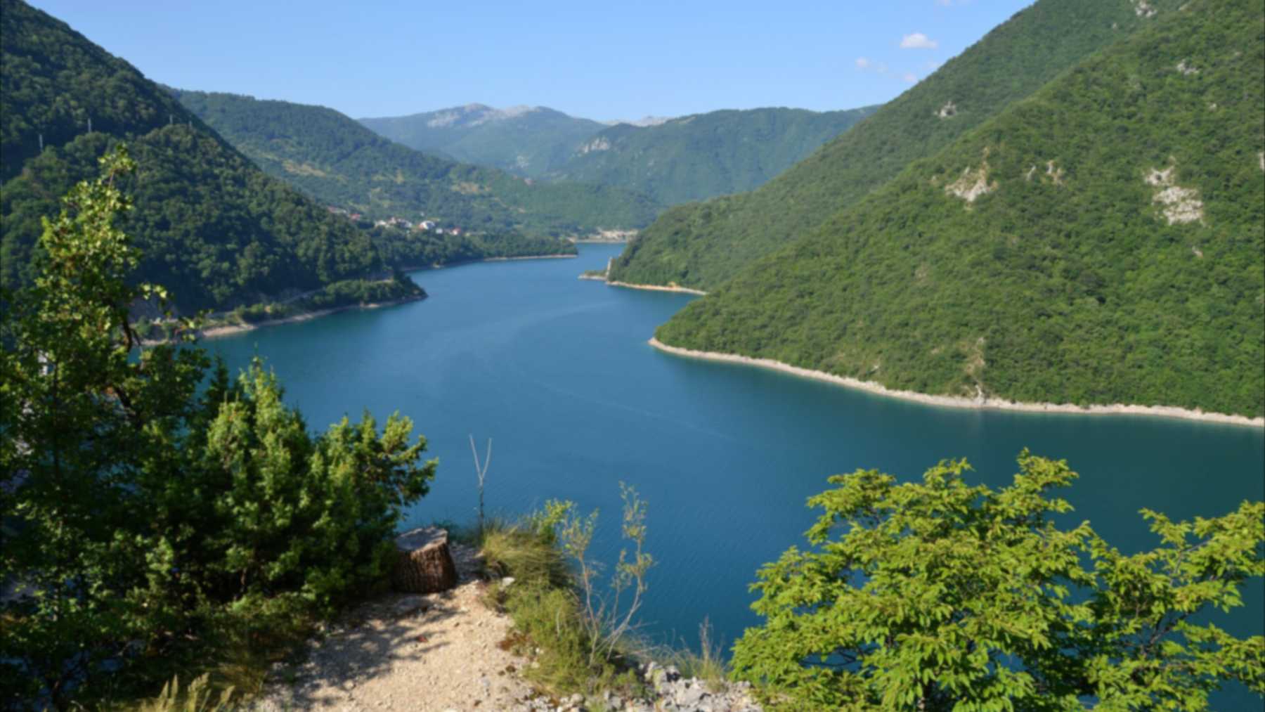 Lake Piva in Montenegro surrounded by mountains
